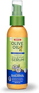 Olive oil serum bottle with green cap and blue label on a white background
